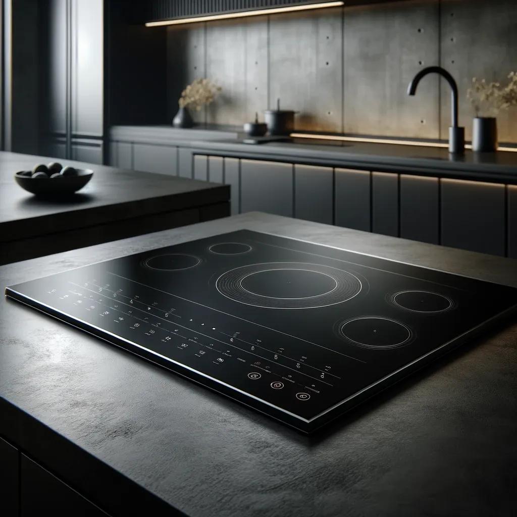 DALL·E 2024-04-25 12.21.38 - A modern flex zone induction cooktop with a matte black surface, featuring very subtle and realistic cooking zones. The cooktop has discreet touch con.webp